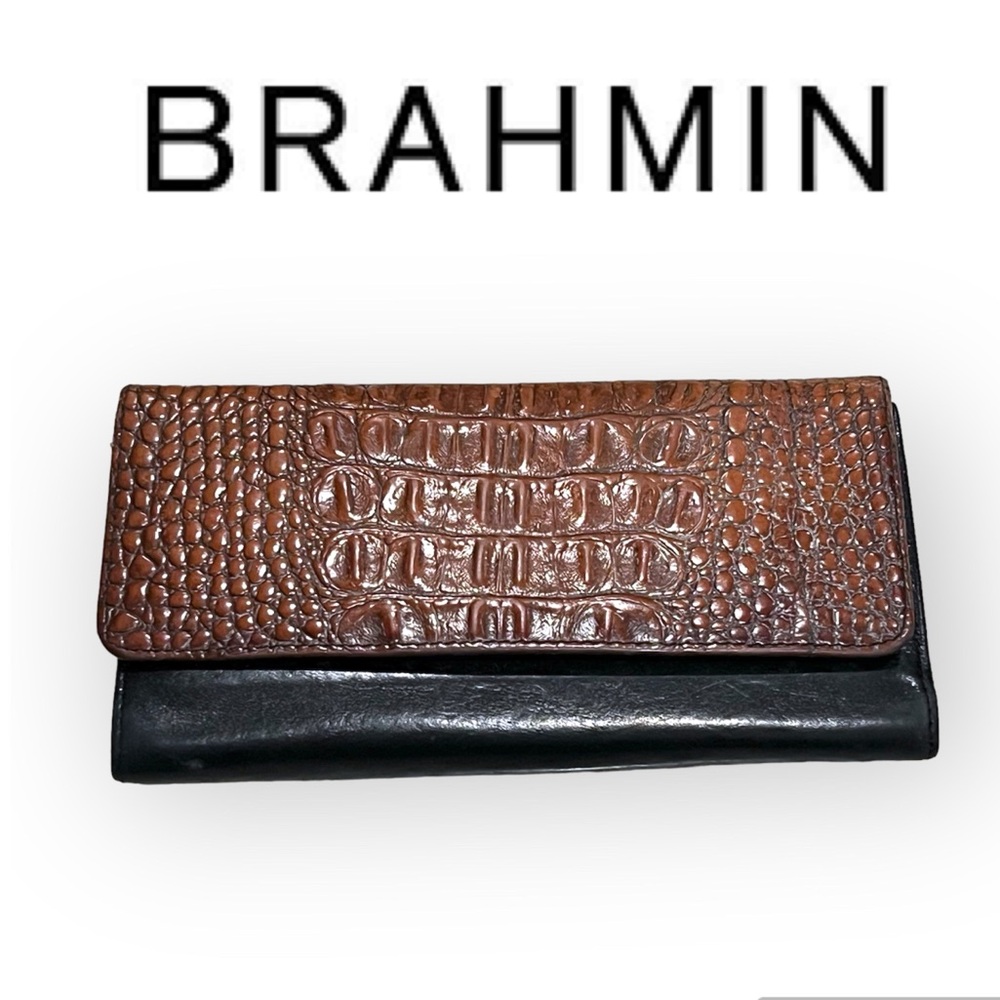 Brahmin Brown Croc-Embossed and Black Leather Continental Wallet